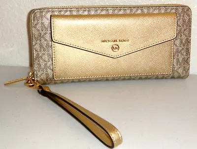 MICHAEL KORS Jet Set Charm MK Signature LG Travel Wallet Clutch Pale Gold + BOX • $159.99