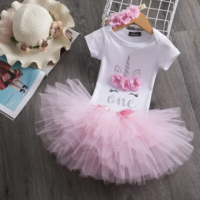 New 3pcs Short Sleeved First Birthday Outfit Baby Girl Tutu Skirt Kids Clothes • £16.99
