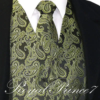 Olive Green Men's Paisley Tuxedo Suit Dress Vest Waistcoat & Neck Tie Wedding • $23.36