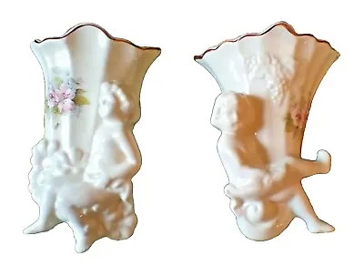 $60 • Buy 2 Vintage White Floral Angel Cherub Hollywood Regency Wall Pocket Vase England