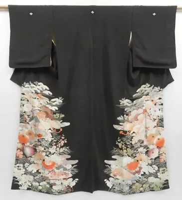 3816T04z720 Vintage Japanese Kimono Silk TOMESODE Chrysanthemum Black • $38