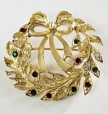 Vintage Eisenberg Ice Christmas Wreath Rhinestone Gold Tone Pin Brooch SIGNED • $19.99