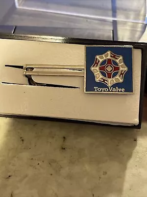 Vintage Toyo Valve Co. Logo Silver Tone  Snd Blue Porcelain Backround Tie Clasp • $4