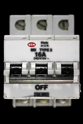 Mem 16 Amp Type 3 M9 Triple Pole Mcb Circuit Breaker 163mb3 • £17.64