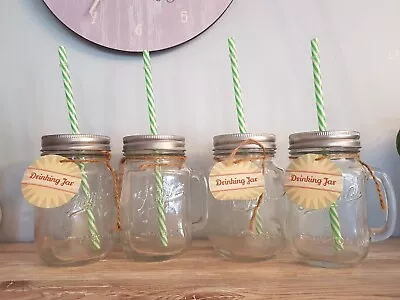 £6 • Buy Set Of 4 Mason Drinking Jars With Lids, Handles And Green Straws