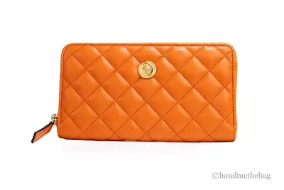 Versace Large Dark Orange Quilted Smooth Leather Continental Clutch Zip Wallet • $329