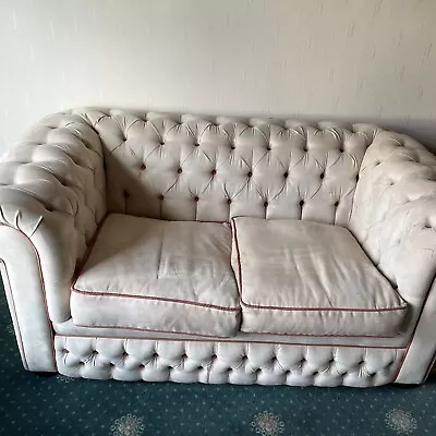 Chesterfield 2 Seater Cream Suede Sofa With Dark Orange Edging And Buttons • £300