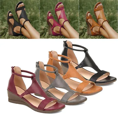 Sandals Beach Gladiator Shoes Comfort Womens Summer Strap Ladies Low Wedge • £10.79