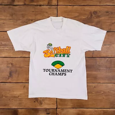 £25 • Buy Vintage 80s Single Stitch T Shirt Medium Softball City Graphic Print Tee R32936