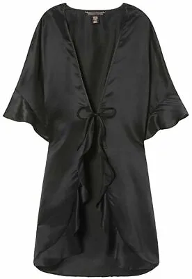 Victorias Secret Black Satin Robe Kimono Bathrobe Ruffle Tie Front OSFA NWT • $27.10