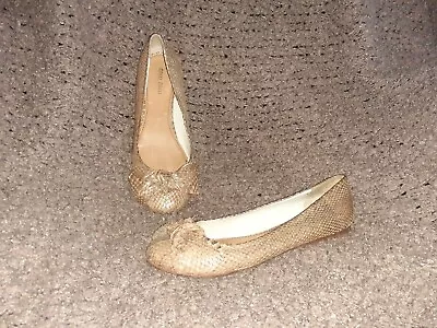 MIU MIU-PRADA-Gold/Tan Snakeskin Leather Flats-Bow Detail-Sz 36.5-Very Good • $59.99