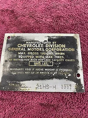1947 - 1953 Chevy Oem Pickup Truck Data Plate Serial Number Id Tag Vin 47 48 49 • $125