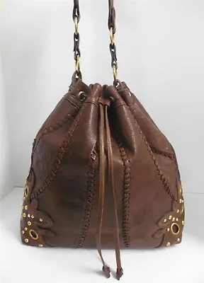 $93.49 • Buy Treesje Brown Leather Whipstitch Leather Studded Grommet Large Drawstring Bag