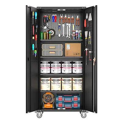 AOBABO 72 Inch Locking Metal Garage Storage Cabinet W/ Wheels & Pegboards Black • $258.99