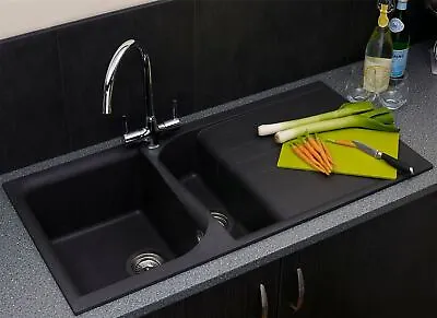 £223.66 • Buy Reginox Elleci EGO475 Kitchen Sink 1.5 Bowl Black Granite Inset Reversible Waste