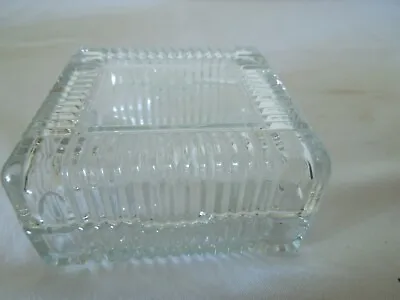 Vintage Clear Glass Trinket Box With Etched Lid And Ribbed Edges 4  Square • $25