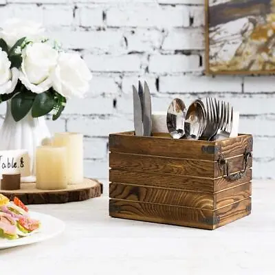 Country Rustic Burnt Brown Wood Dining Flatware Serving Caddy And Napkin Holder • $31.99