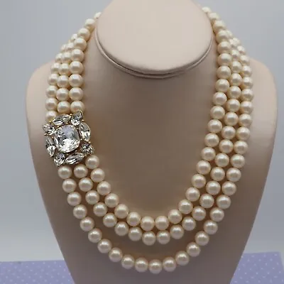 Vtg Monet 3 Tiered Strand Simulated Pearl Massive Rhinestone Clasp 18  Necklace • $74.95