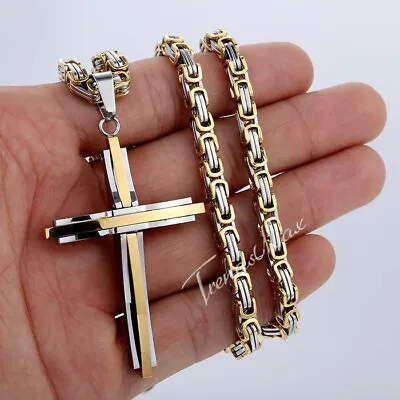 Mens Silver/Gold Plated Cross Pendant Necklace Stainless Steel Byzantine Chain • $16.99