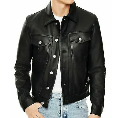 Men Soft Genuine Leather Trucker Jacket Levi's Style Vintage Sheepskin Jacket • $98.99