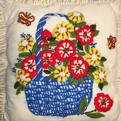 VTG Accent Pillow Crewel Embroidered Flower Basket Butterflies Fringe Yarn 12x12 • $31.05