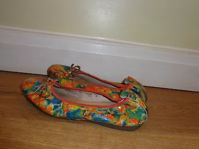 La Ballerina Sonja Ricci Leather Slip On Bow Orange Blue Flat Shoes 39/UK 6 • £10