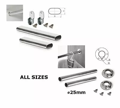 Wardrobe Oval Round Chrome Hanging Rail All Sizes Free End Supports & Screws • £2.27