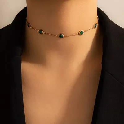 Rhinestone Choker Necklace Green Gemstones Gold Colour Chain • £2.99
