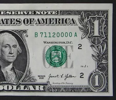 2021 $1 (ONE DOLLAR) - NOTE - FANCY SERIAL NUMBER - FOUR 0's QUAD 0000 • $2.29