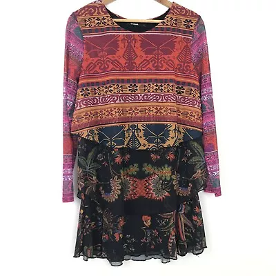 Desigual Aztec Mini Dress Size L Long Sleeve Layered Tiered Stretchy Multicolour • $27.30