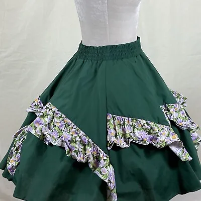 Square Dance SKIRT Green And Daisy Floral Print Contrast Ruffle Square Up Size P • $40
