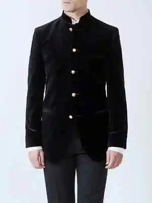 Men Nehru Collar Smoking Jacket Black Slim Fit Velvet Dinner Tuxedo Jacket Mens • £65.50
