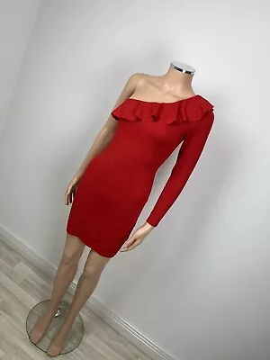 Divided H&M Red One Shoulder Frill Asymmetric Bodycon Mini Dress UK 8 • £2.99