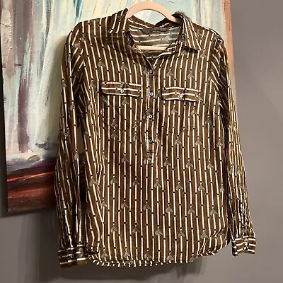 Zara Shirt Sz S-M Blouse Brown Horses Straps Long Sleeves • $9.99