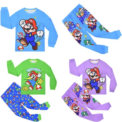 Super Mario Boys Top & Long Pants 2pc Pajama Set Home Sleepwear Kids Size 4 Up • $21.49