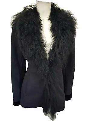 Real Mongolian Fur Collar Faux Suede Afghan Hippie Vintage Style Jacket Sz16 VGC • $118.22