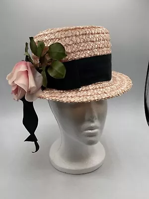 Vintage Betmar Woven Straw Raffia Ladies Pink Hat W/ Black Band Rose Union Made • $15.99