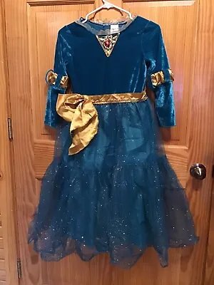 Girls Elegant Disney Princess Merida Teal/gold Dress/costume 7/8 • $22.99