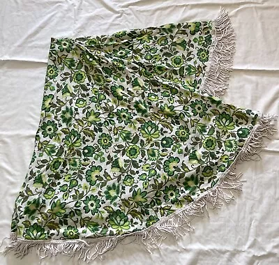 64   ROUND TABLECLOTH YELLOW Green FLOWERS WHITE FRINGES Clean Vintage Cloth • $37.88