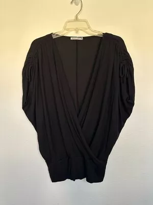 Michael Stars Surplice Ribbed Black Blouse Deep V Tie Sleeve Womens One Size • $19.95