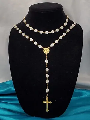 Large Vintage 24  Gold Metal Cross Opalescent White Beads Catholic Rosary Beads  • $30