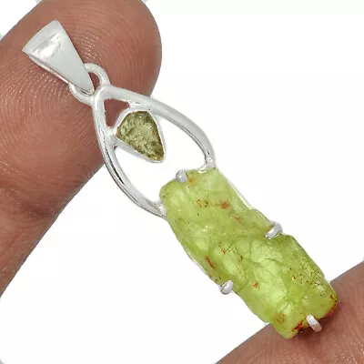 Natural Green Kyanite Rough & Moldavite 925 Silver Pendant YS2 CP24372 • $31.99