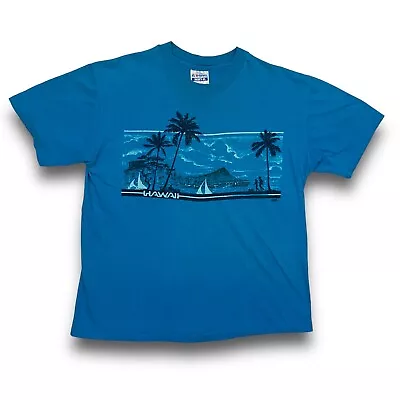 VTG 80s Hanes Beefy Hawaii Coast Artwork Souvenir T Shirt Adult L Blue Rare JHB • $29.95