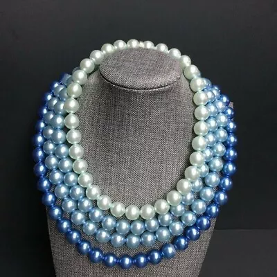 VTG Pop Bead Necklace Four Strand Blue Pearl Rhinestone Silver Spacer Retro • $75