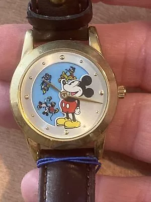 NWT DISNEY Mickey Mouse Watch Brown Leather Band “Moving Friends” MCK373 NEW BAT • $24.99