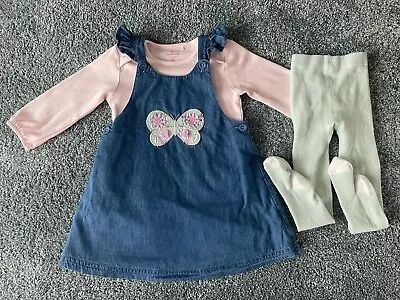 Mothercare Baby Bodysuit & Pinafore Dress Set With Tights - 9-12 Months/80 Cm • £4.30