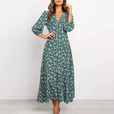 Womens Floral Boho V Neck Long Sleeve Maxi Dress Ladies Casual Loose Shirt Dress • £13.09