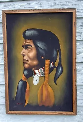 VINTAGE Black Velvet Oil Painting Art Large Native American / Elvis Presley 70s • $142.46