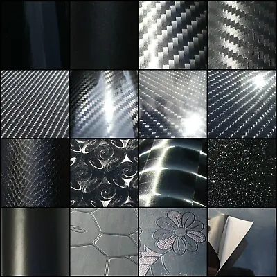 18 Styles Of BLACK Self Adhesive Vinyl Wrap - ANY SIZE - BUBBLE/AIR FREE - Car • £4.25