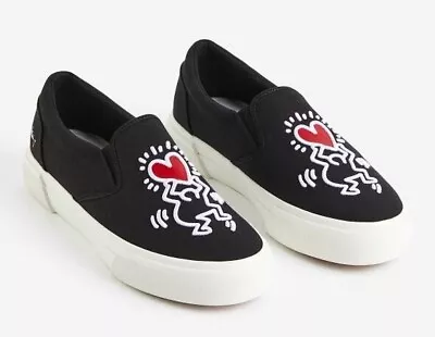 BNWT H&M Keith Haring Cotton Canvas Slip-on Shoes Sneakers Black  8.5 9 10 12 • $45